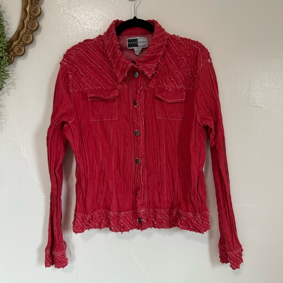 Rhonda Stark Jackets & Blazers - Vintage Rhonda Stark Red Crinkle Lightweight Shirt Jacket,  Raw Edge Detail, Lg